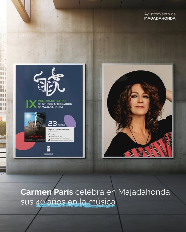 Carmen París celebra 40 años de carrera artística en Majadahonda con música de raíz y estilo propio en español, junto a la IX Muestra de Teatro de Grupos de Aficionados. #AgendaCultural