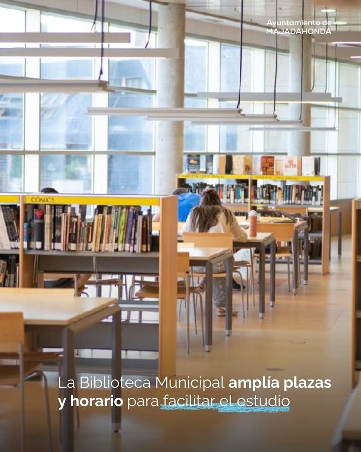 La Biblioteca Municipal de @MajadahondaAyto amplía plazas y horarios para facilitar el estudio durante los exámenes, con 244 puestos disponibles y horario extendido hasta la 1:00 am.